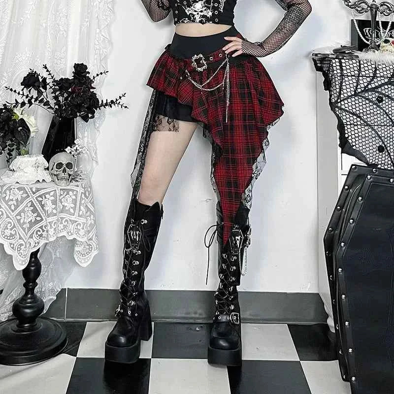 Punk Gothic Plaid Skirt Irregular Patchwork | MUNSIEUR