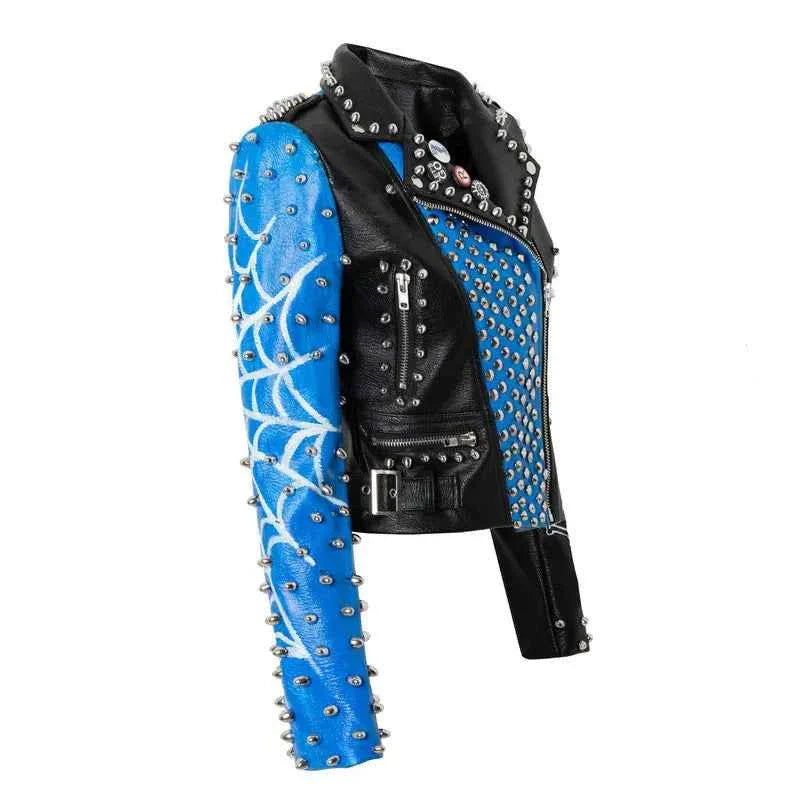 Faux Leather Jacket for Women Graffiti Print Punk Studded Slim Cropped Motorcycle Jackets