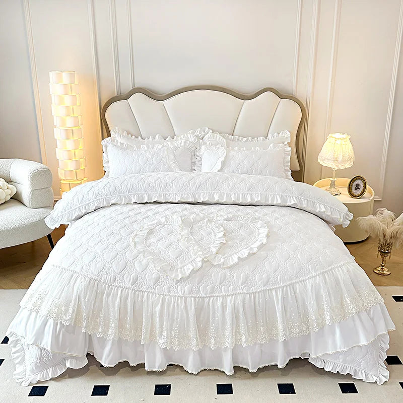 DecorBites™ Korean Princess Style Bedding Set with Lace Ruffles and Love Theme