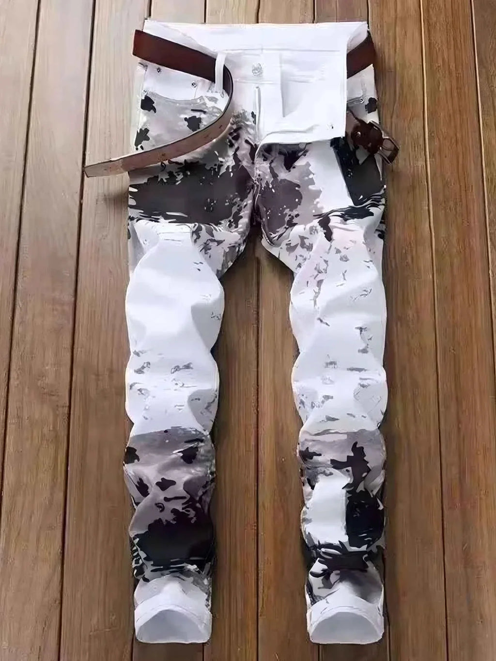 Men's Pants Casual Black And Grey Printed Denim Pants Slim Fit