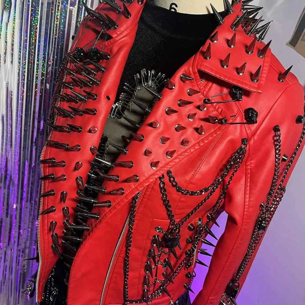 Women's Spiked Studded Rivet Goth Emo Pu Leather Jacket Grunge