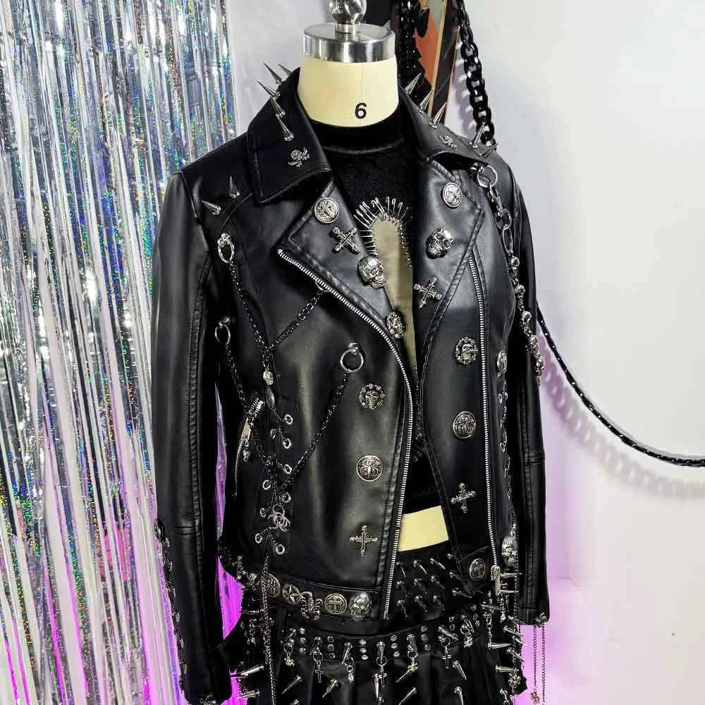 Women's Y2K Vegan Leather Skull Studded Rivets Jacket