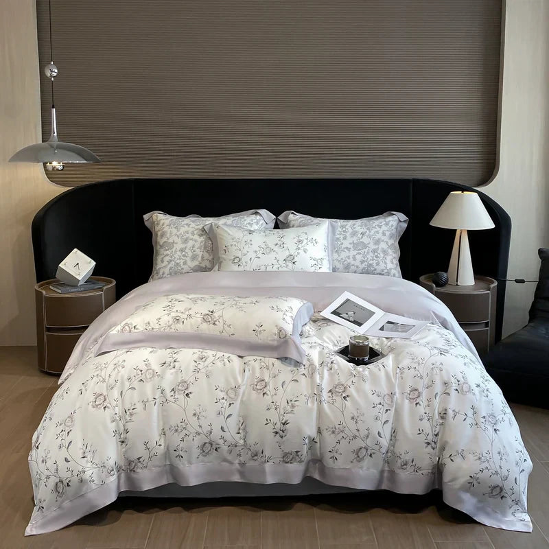 DecorBites™ Eucalyptus Fiber Flowers Bedding Set: Duvet Cover, Bed Sheet, Pillowcase - 4Pcs