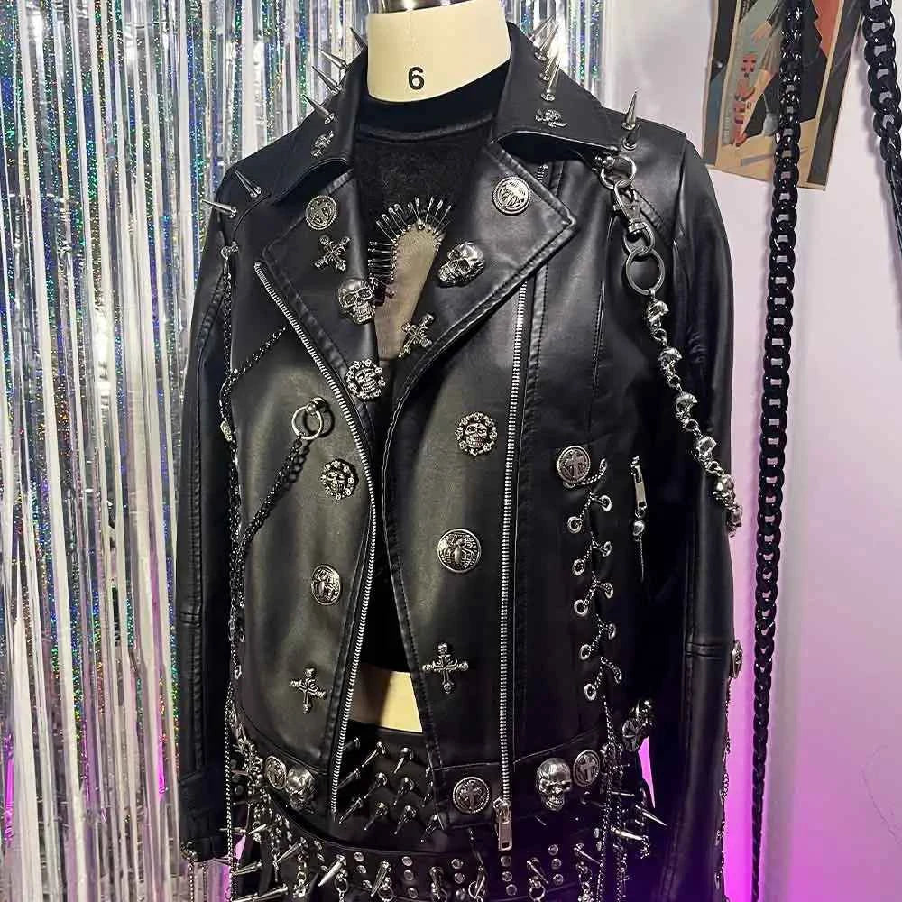 Women's Y2K Vegan Leather Skull Studded Rivets Jacket