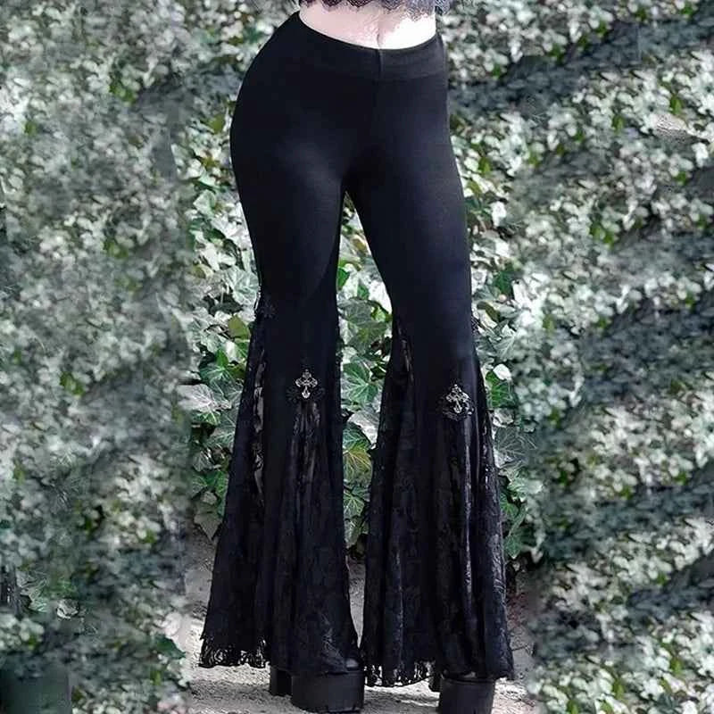 Goth Mall Flare Jeans Sexy Black Lace Patchwork High Waist Vintage Punk Grunge Streetwear