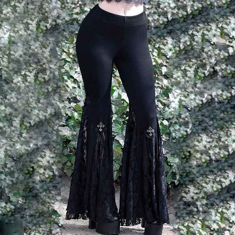 Goth Mall Flare Jeans Sexy Black Lace Patchwork High Waist Vintage Punk Grunge Streetwear