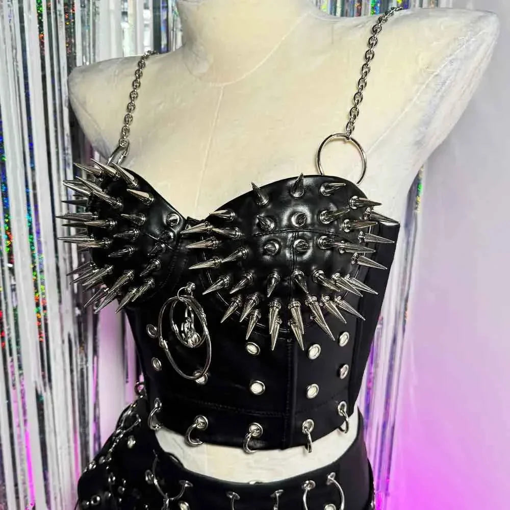 Goth Top with Spikes Grunge PU Leather Tank T-shirt
