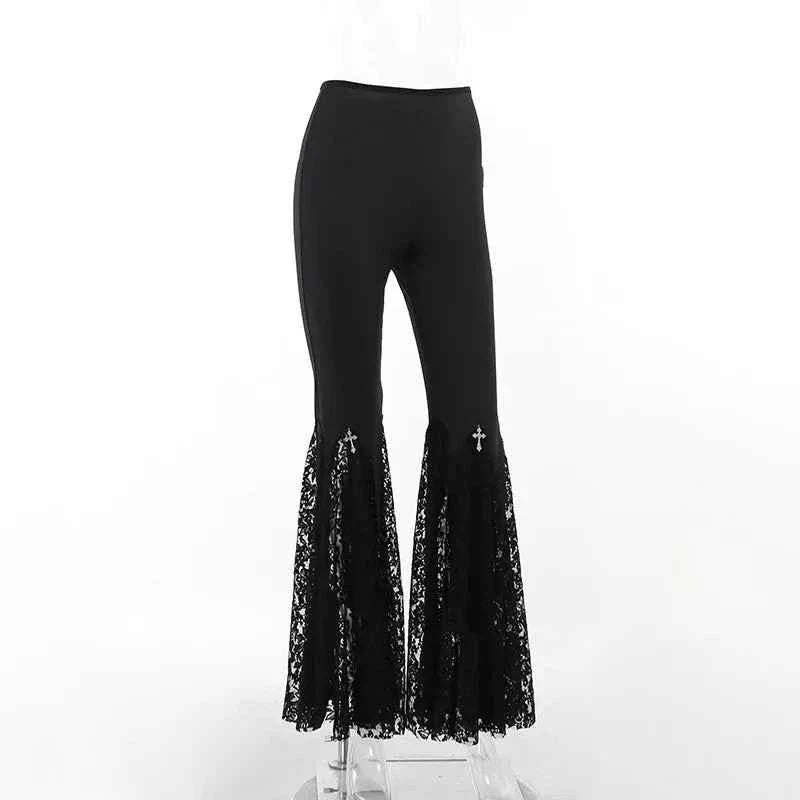 Goth Mall Flare Jeans Sexy Black Lace Patchwork High Waist Vintage Punk Grunge Streetwear