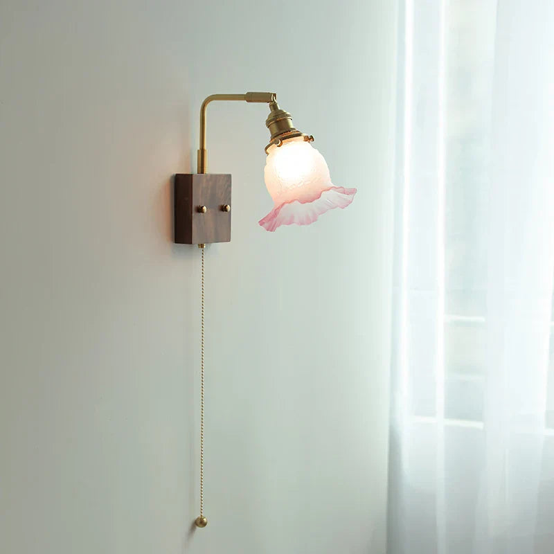 DecorBites™ Glass Pink LED Wall Sconce, Pull Chain Switch, Walnut Wood Bedside Lamp