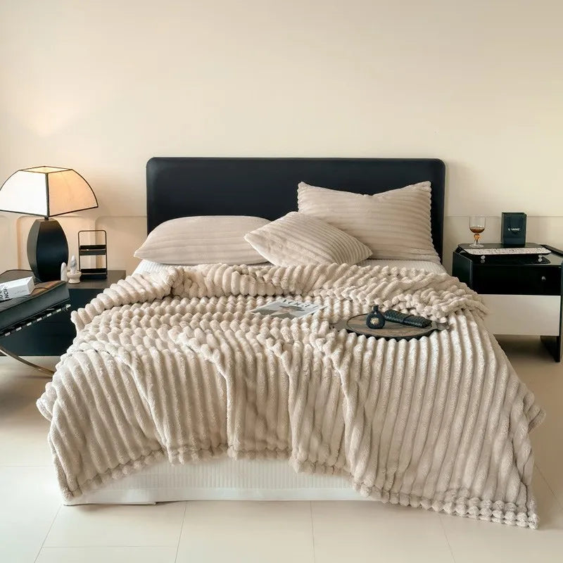 DecorBites™ Cozy Coral Fleece Striped Solid Blanket for Winter Sofa Cover Queen King Sizes