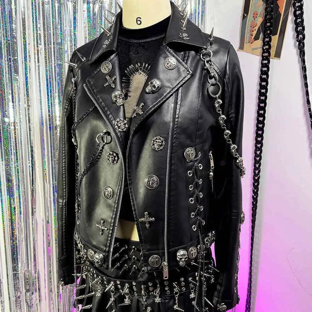 Women's Y2K Vegan Leather Skull Studded Rivets Jacket