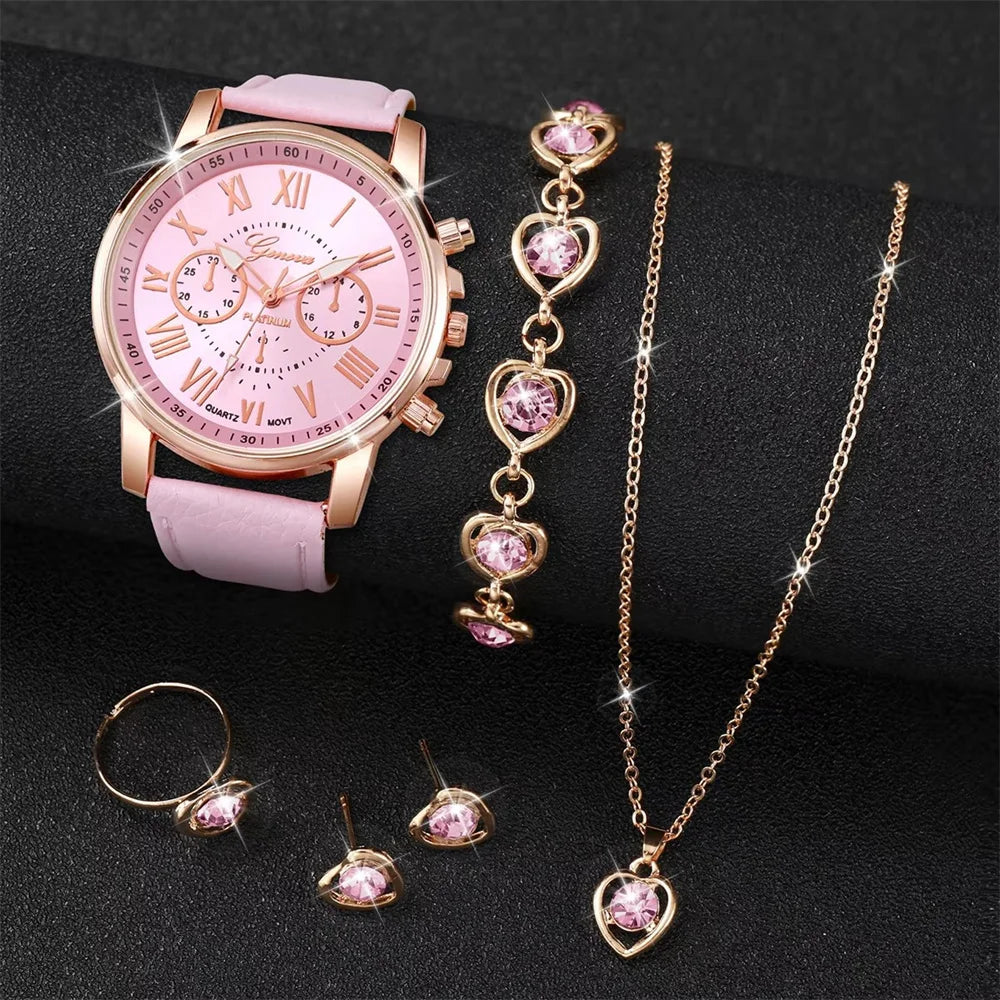 6-Piece Women's Quartz Watch Set — Leather Bands, Heart Rhinestone Analog Watches, 42mm (1.65in) Dial