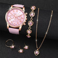 6-Piece Women's Quartz Watch Set — Leather Bands, Heart Rhinestone Analog Watches, 42mm (1.65in) Dial