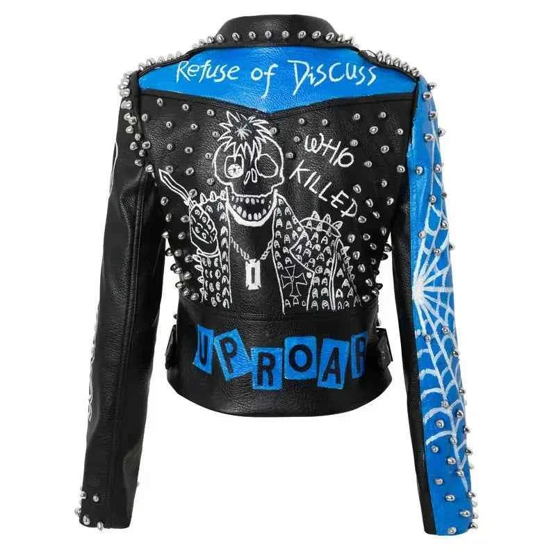Faux Leather Jacket for Women Graffiti Print Punk Studded Slim Cropped Motorcycle Jackets