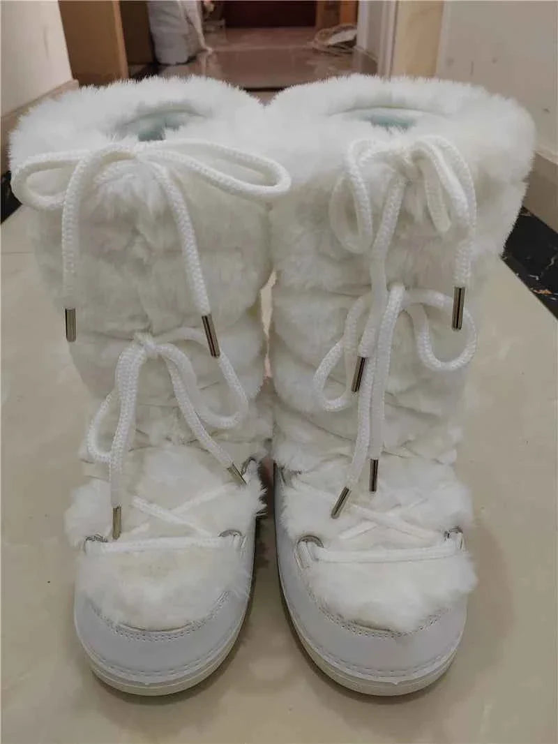 Faux Fox Fur Snow Boots Furry Warm Cotton Boots Female Outdoor Ski Boots