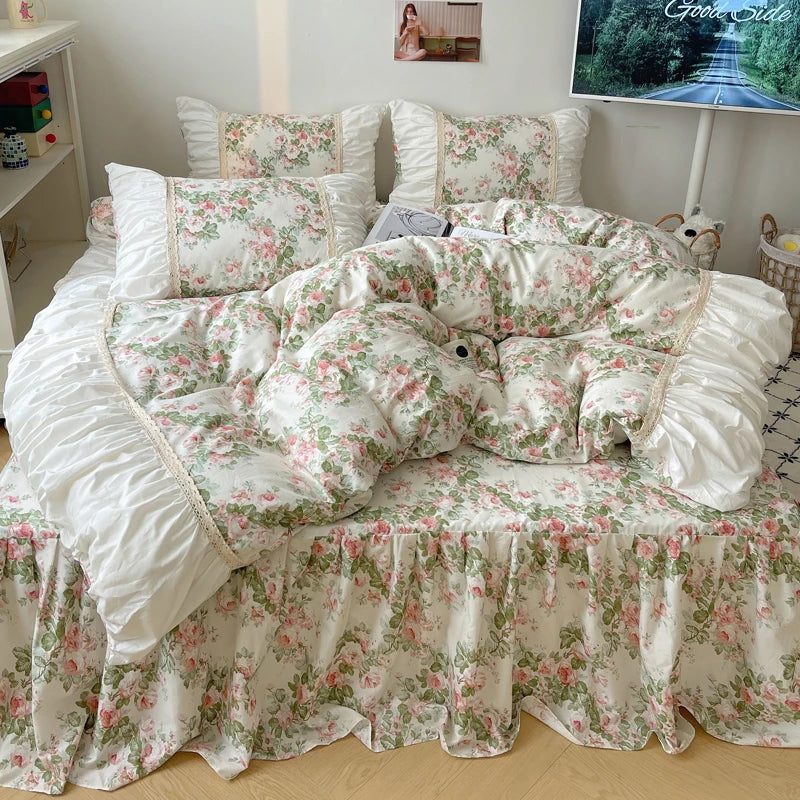 DecorBites™ Korean Princess Flowers Bedding Set - Duvet Cover, Bed Skirt, Pillowcases