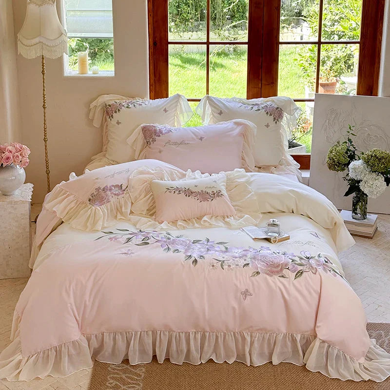 DecorBites™ Flowers Lace Ruffles Wedding Bedding Set 1000TC Egyptian Cotton Duvet Cover Set