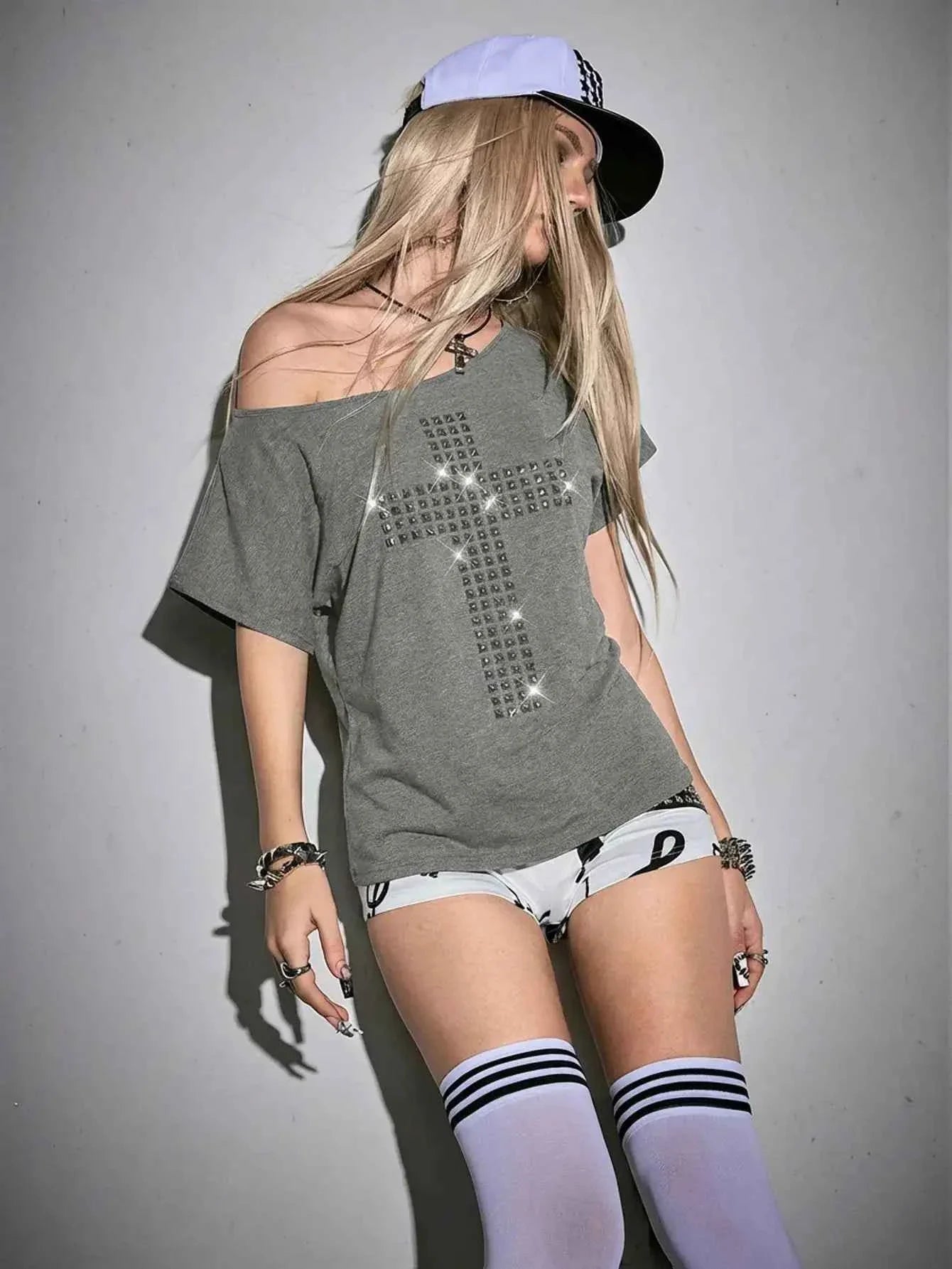 Punk Y2K Studded Cross T-Shirt with Cutout Back