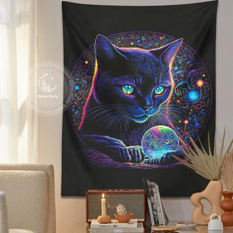 DecorBites™ Black Cat Tapestry: Trippy Magic Crystal Ball Wall Art for Boho Home Decor