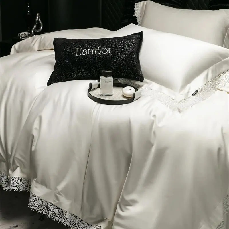 DecorBites™ French Lace Edge Bedding Set, 1000TC Egyptian Cotton, Queen King, Duvet, Sheet, Pillowcases