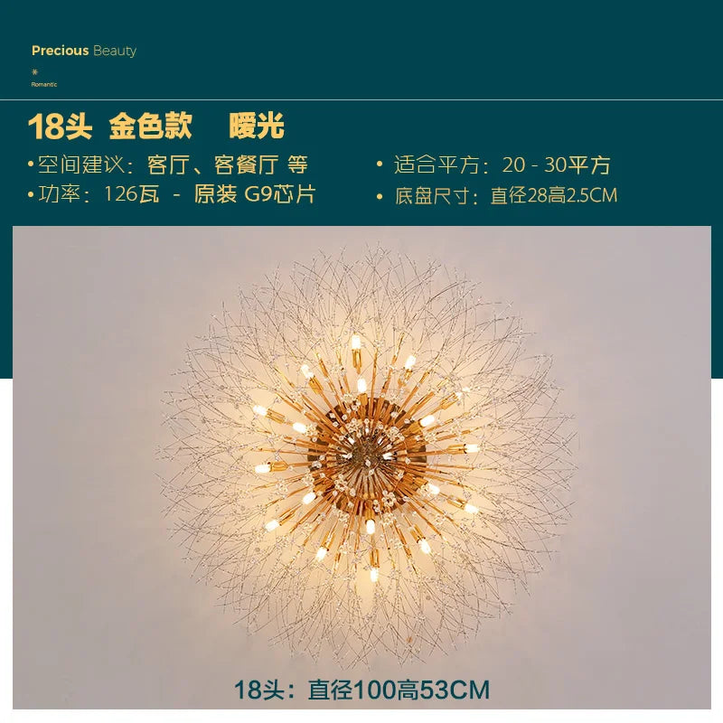 DecorBites™ Golden Dandelion Crystal Chandelier: Warm Nordic LED Ceiling Lamp for Romantic Living Room.