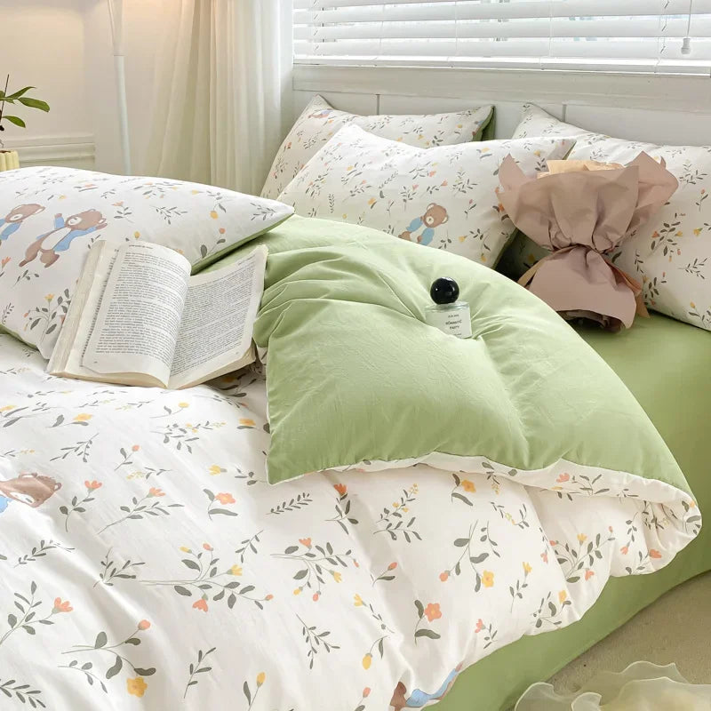 DecorBites™ Double Layer Yarn Cozy Bed Sheet Set - High-Quality Washed Cotton Printed Bedding