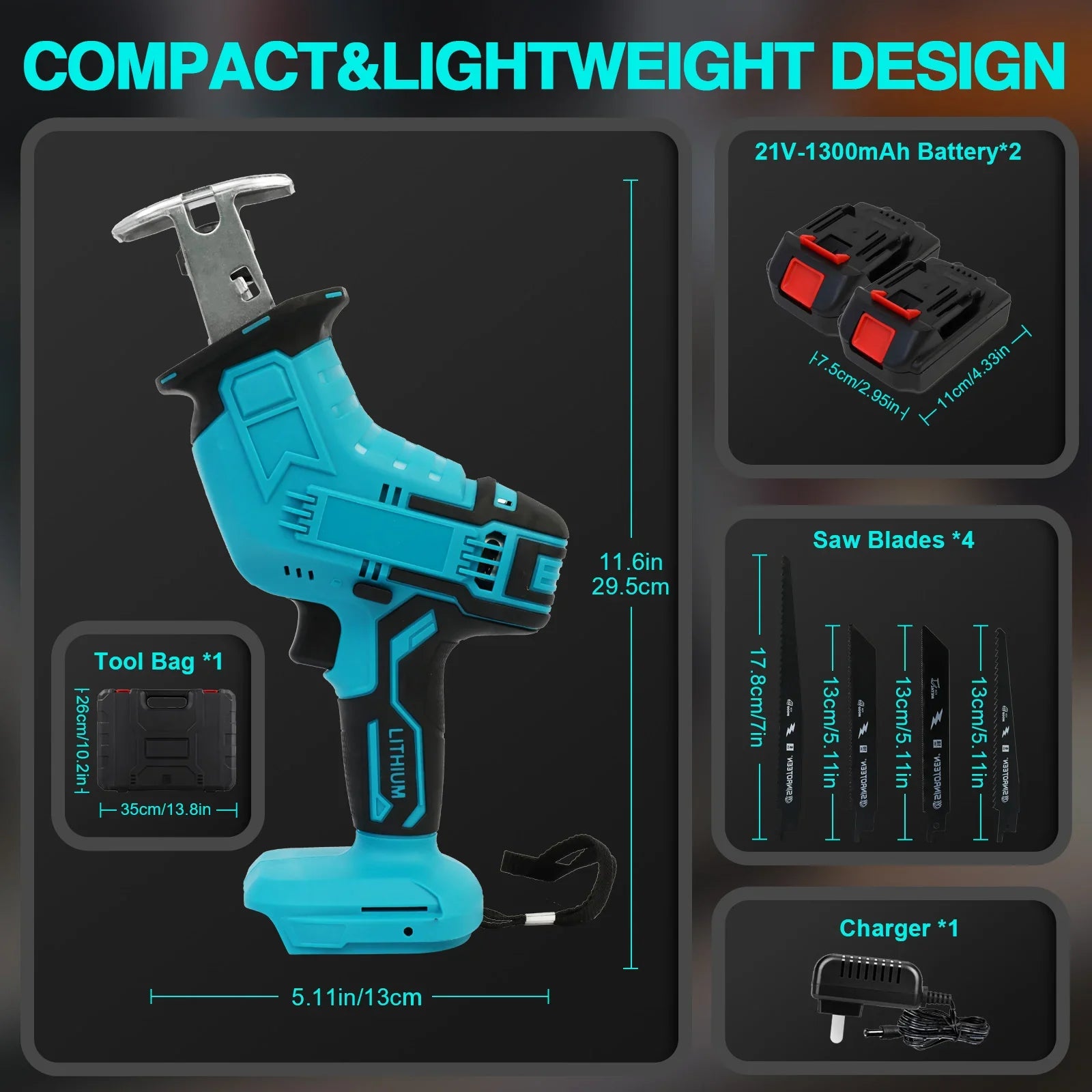 Reciprocating Saw 21V Cordless 0-4500 SPM 2 Batteries 4 Saw BladesTool