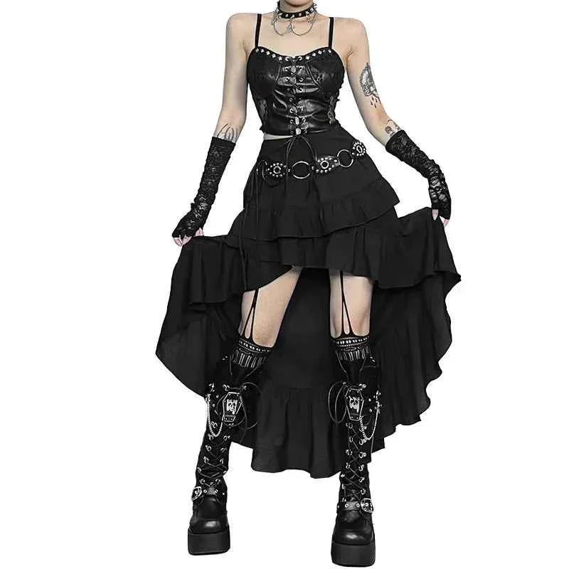 Goth Dark Kawaii Black Tiered Skirt 90S Retro Irregular Hem