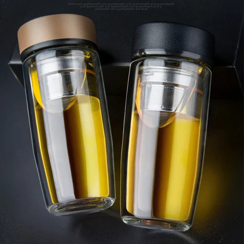 DecorBites™ Double-deck Glass Cups with Lid, Thermal Insulation, Anti-scald, Portable