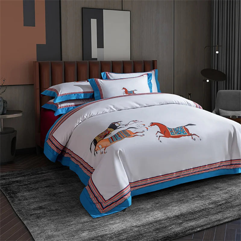 DecorBites™ Galloping Horse 1000TC Egyptian Cotton Bedding Set: Duvet, Sheet, Pillowcases - Soft & Comfy