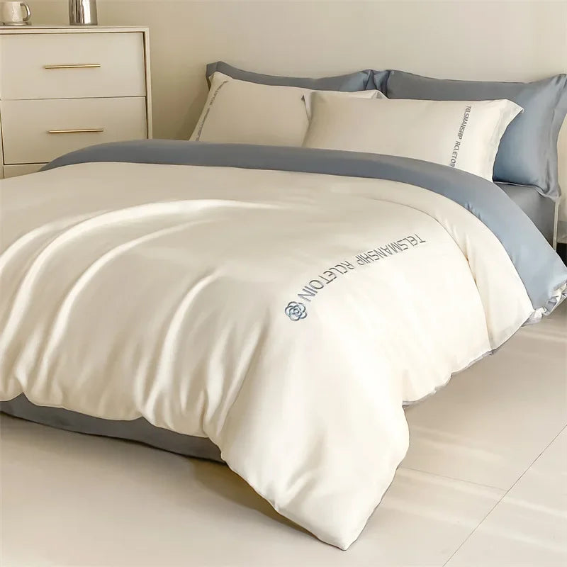 DecorBites™ Cotton Embroidery Bedding Set, 4Pcs Duvet Cover Kit for Double Bed