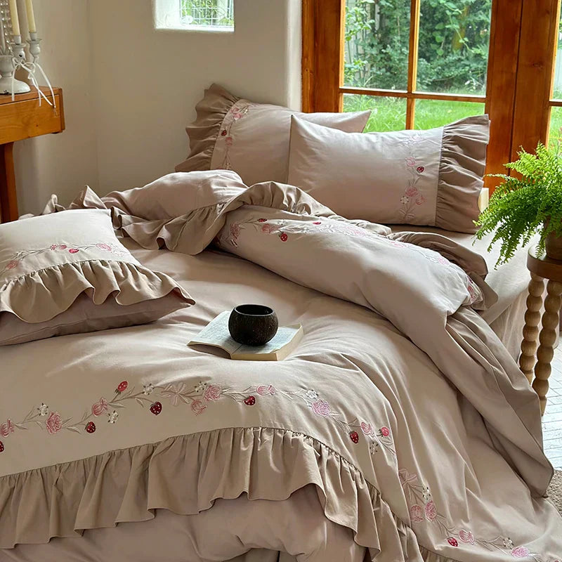 DecorBites™ Korean Princess Style Embroidered Bedding Set with Pleated Ruffles in Egyptian Cotton