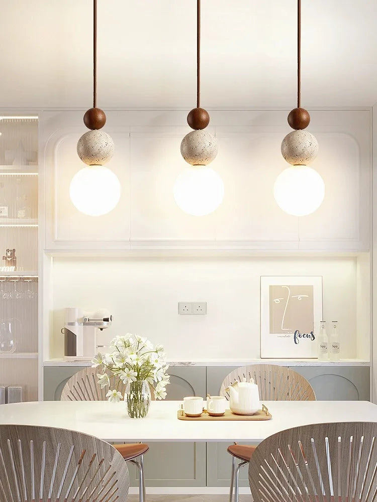 DecorBites™ Cream Style LED Pendant Lamp for Bedroom, Stone Wood Design