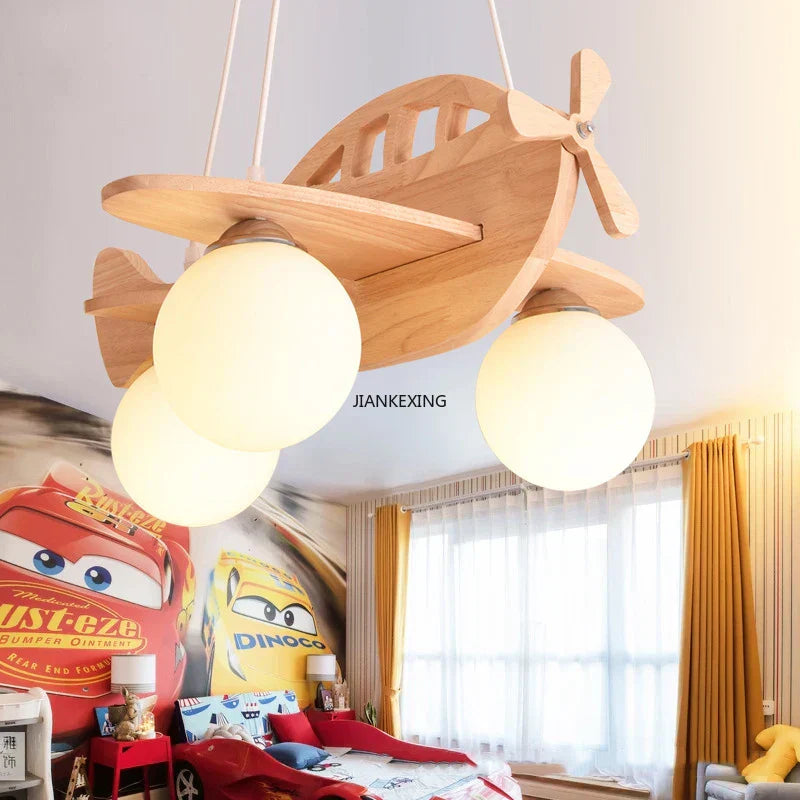 DecorBites™ Kids Wood Airplane Chandelier LED Suspension Light for Boy's Bedroom