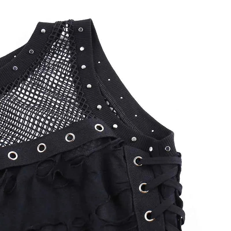 Gothic Crop Top T-Shirt for Women Sexy Fishnet Backless Steampunk
