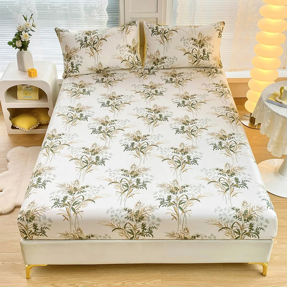 DecorBites™ Golden Feather Sheet Set: Fitted Sheet & 2 Pillowcases, All Season Bedspread