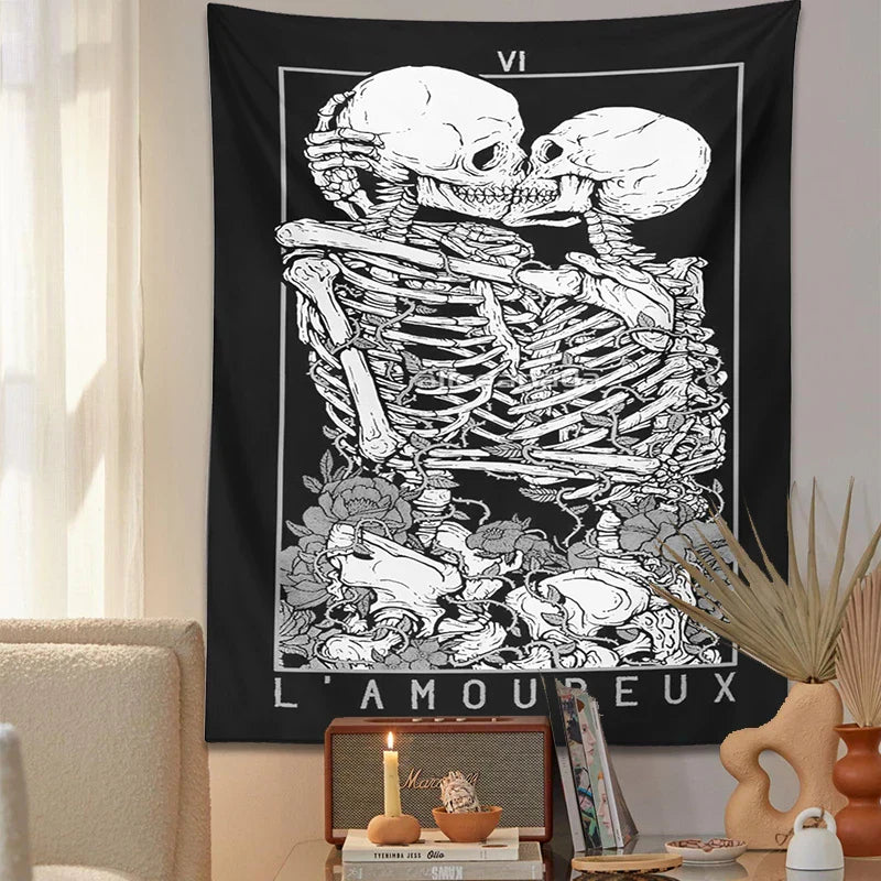 DecorBites™ Kissing Lovers Tarot Tapestry: Skeleton & Rose Hippie Room Decor