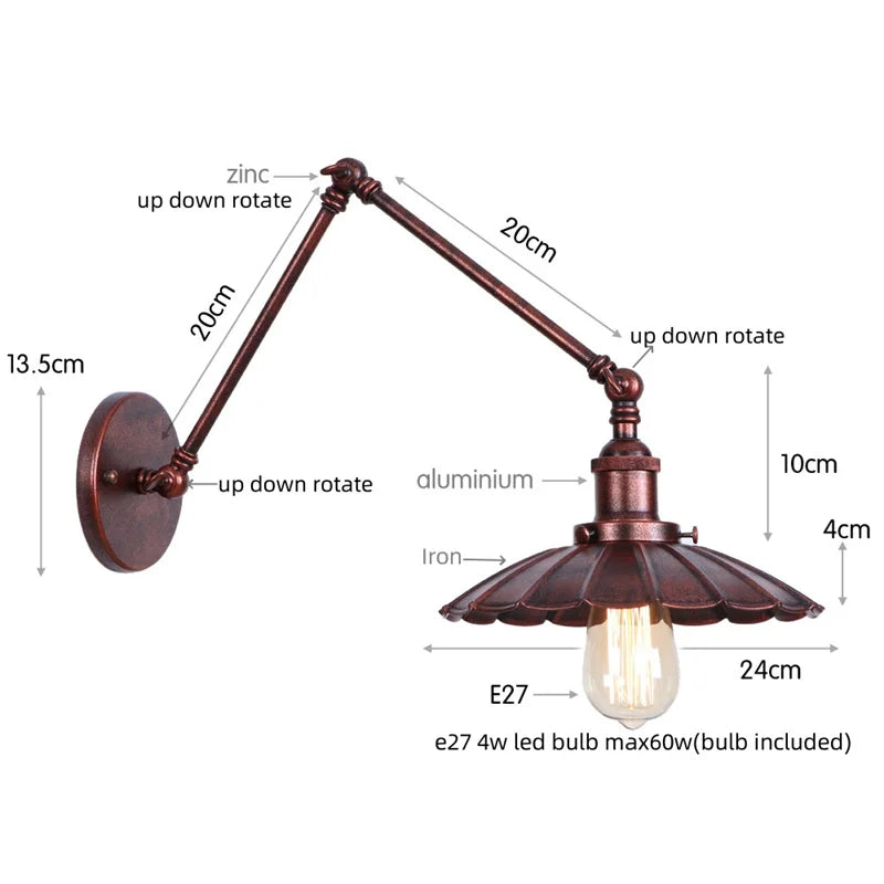 DecorBites™ Gold LED Industrial Wall Lamp with Pull Chain Switch
