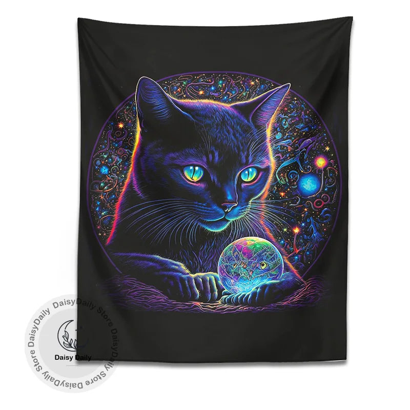 DecorBites™ Black Cat Tapestry: Trippy Magic Crystal Ball Wall Art for Boho Home Decor