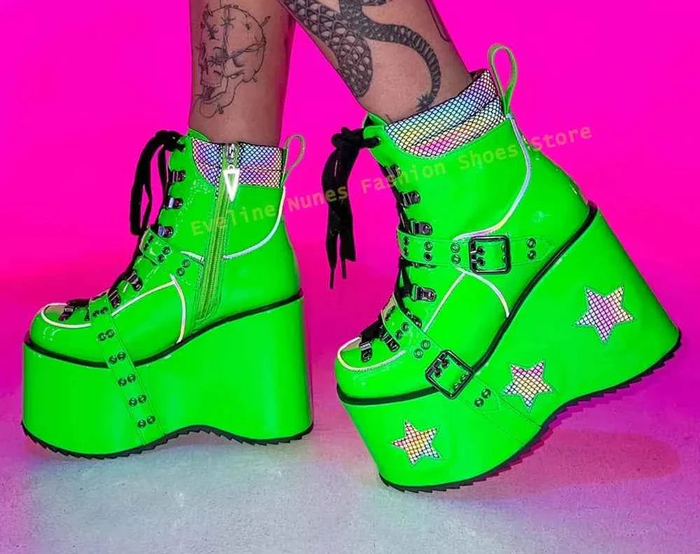 Green Spaced Out Platform Boots Round Patchwork Women Cyberpunk