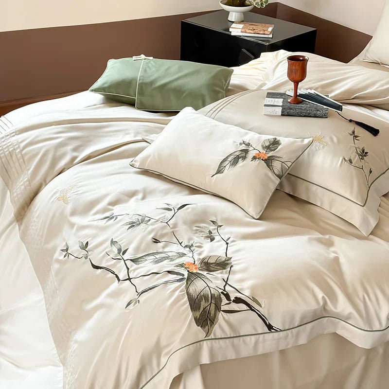 DecorBites™ Deluxe Lyocell Cotton Embroidery Bedding Set - Soft, Silky, Breathable Luxury Bed Set