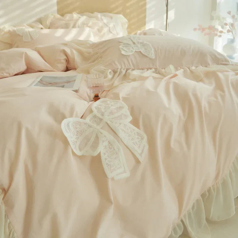 DecorBites™ Korean Lace Ruffles Queen Size Duvet Cover with Bow Detail - Romantic French Design