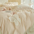 DecorBites™ Korean Lace Ruffles Queen Size Duvet Cover with Bow Detail - Romantic French Design