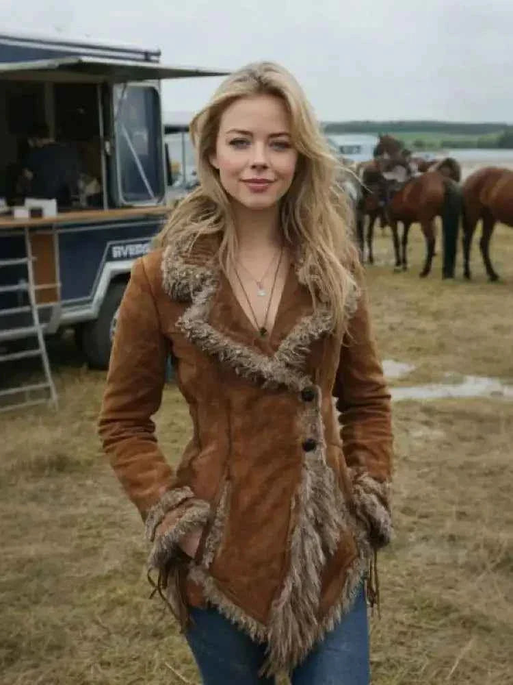 Women's Vintage Suede Jacket Fur Collar Lapel Jacket Warm High Grade
