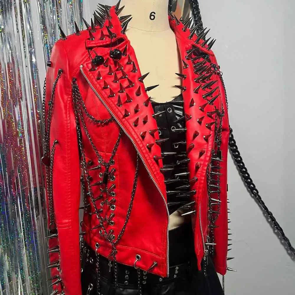 Women's Spiked Studded Rivet Goth Emo Pu Leather Jacket Grunge