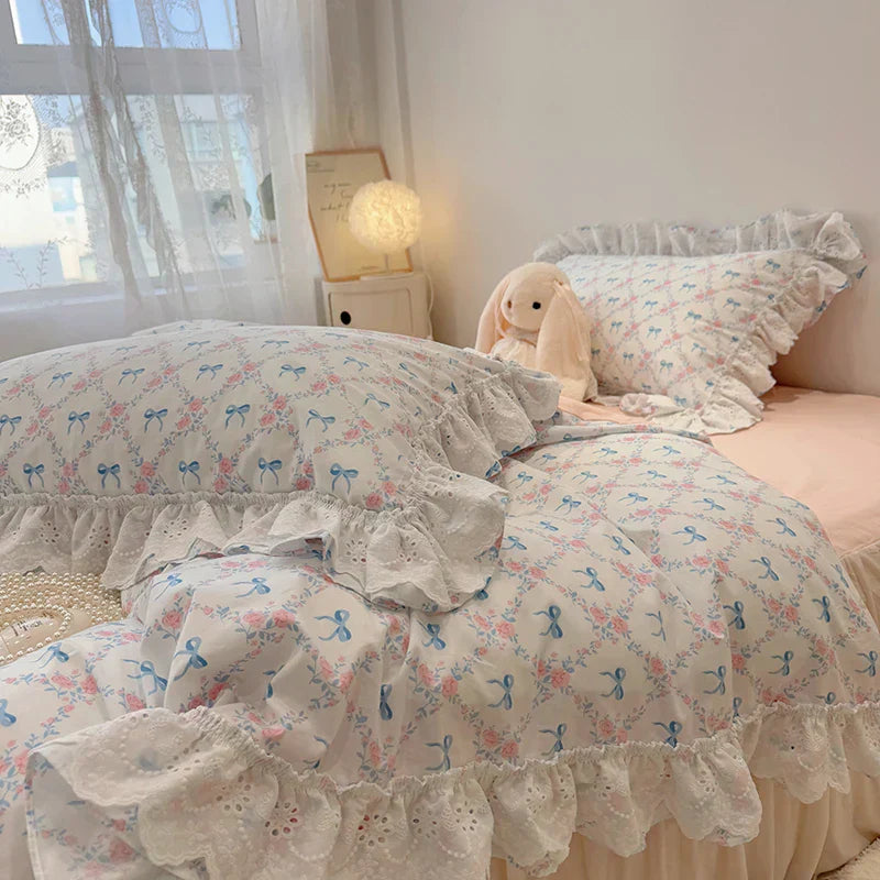 DecorBites™ Korean Princess Style Floral Lace Ruffles Bedding Set with Pillowcase