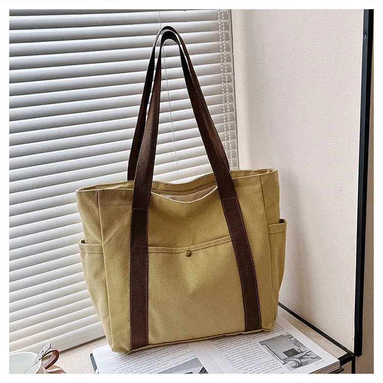 Large Capacity Canvas Tote Bag for Work, College and Shopping, Multi-Pocket Shoulder Book Bag