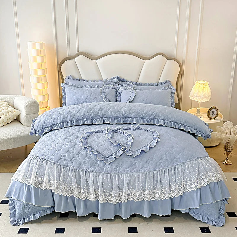 DecorBites™ Korean Princess Style Bedding Set with Lace Ruffles and Love Theme