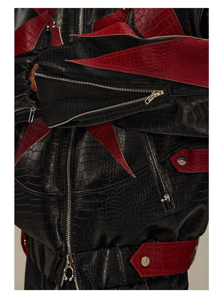 High Quality Crocodile Patchwork Pu Leather Coat Luxury Streetwear Men's Gothic Urban