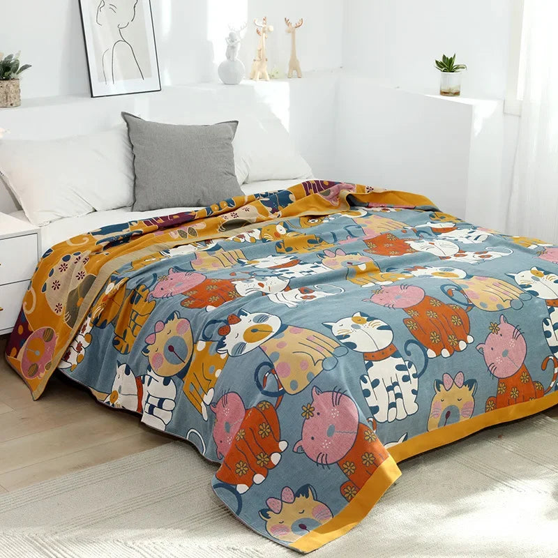 DecorBites™ Kawaii Cat Cartoon Throw Blanket - Soft Double Cotton Quilt